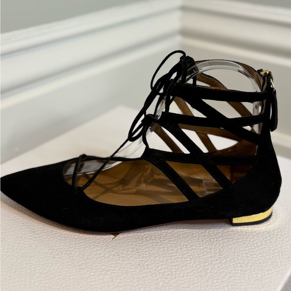 PERFECT FALL BALLET FLATS! Elegant Black Suede Lace Up Aquzzurra Flats - Picture 9 of 10